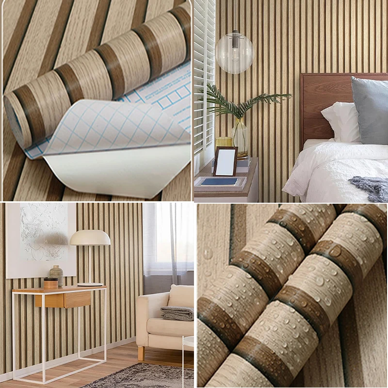 Brown pvc grille wood grain peeling imitation wood wallpaper self-adhesive detachable bedroom living room striped contact paper