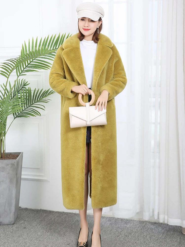 Nerazzurri Winter Long Warm Fluffy Real Fur Coat Cocoon Teddy Coat Women Lamb Shearling Overcoat Notched Lapel Korean Fashion