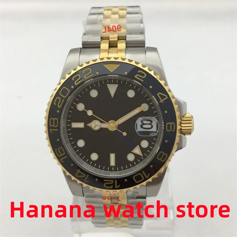 

BLIGER 40mm NH34 GMT two-tone gold case Black gold dial Ceramic bezel Automatic Men's Watch sapphire glass