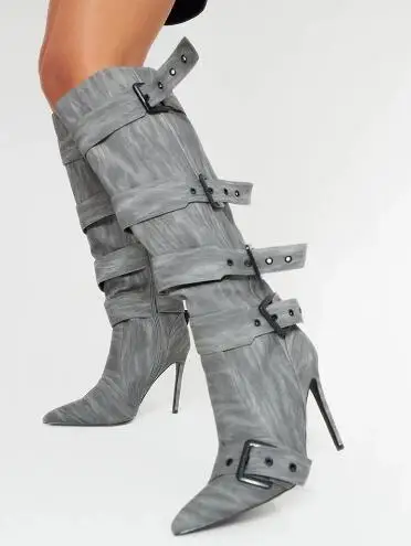 

New Gray Cloth Belt Buckles Pointed Toe Thin Heels Knee High Boots Women Fashion Slim Zipper Side Long Knight Boots Size 44