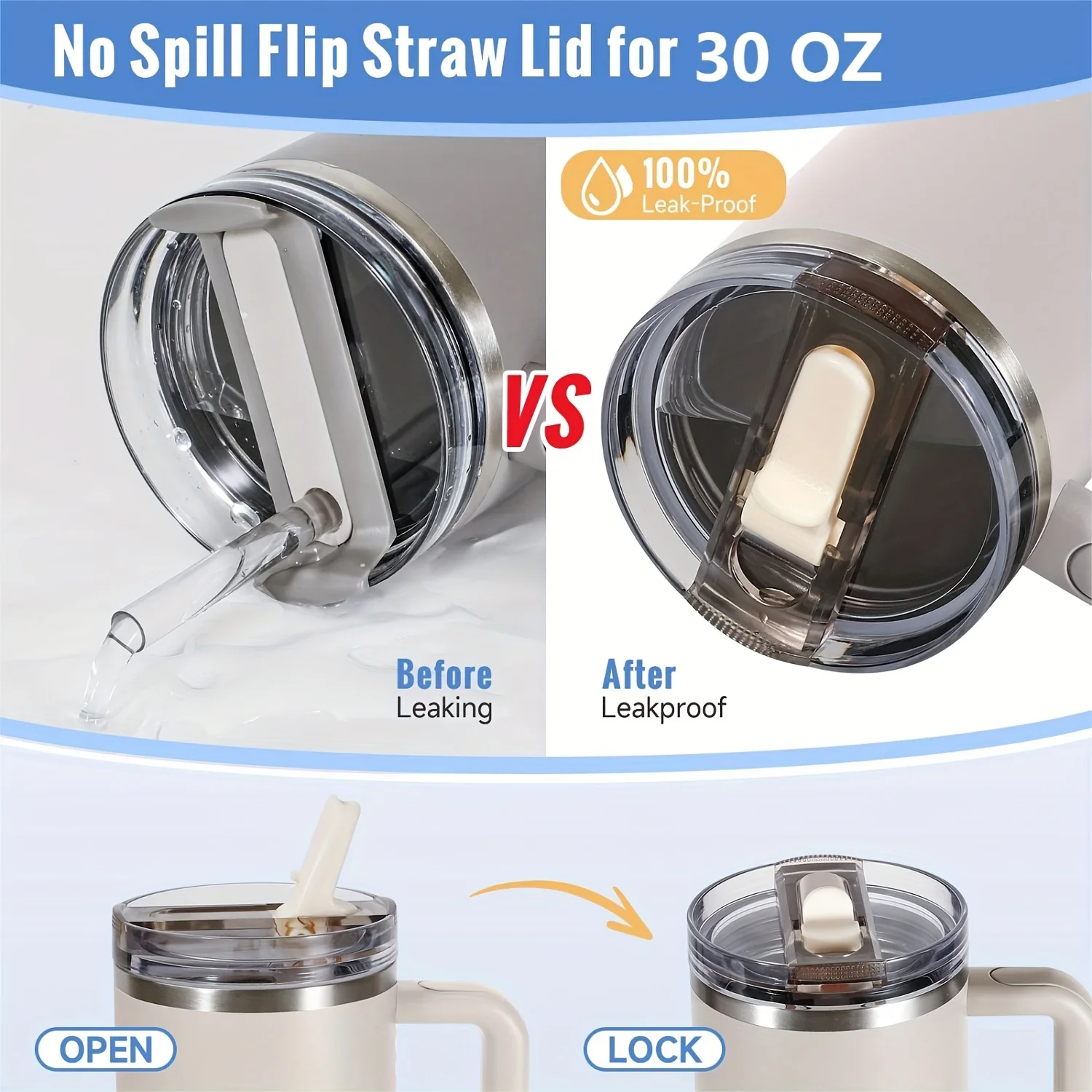 30oz Flip Straw Lid for Tumbler Leak Proof Replacement,  Lid No Spill Cover Cup Accessories Water Bottle Seal with Brushe, Straw view 5