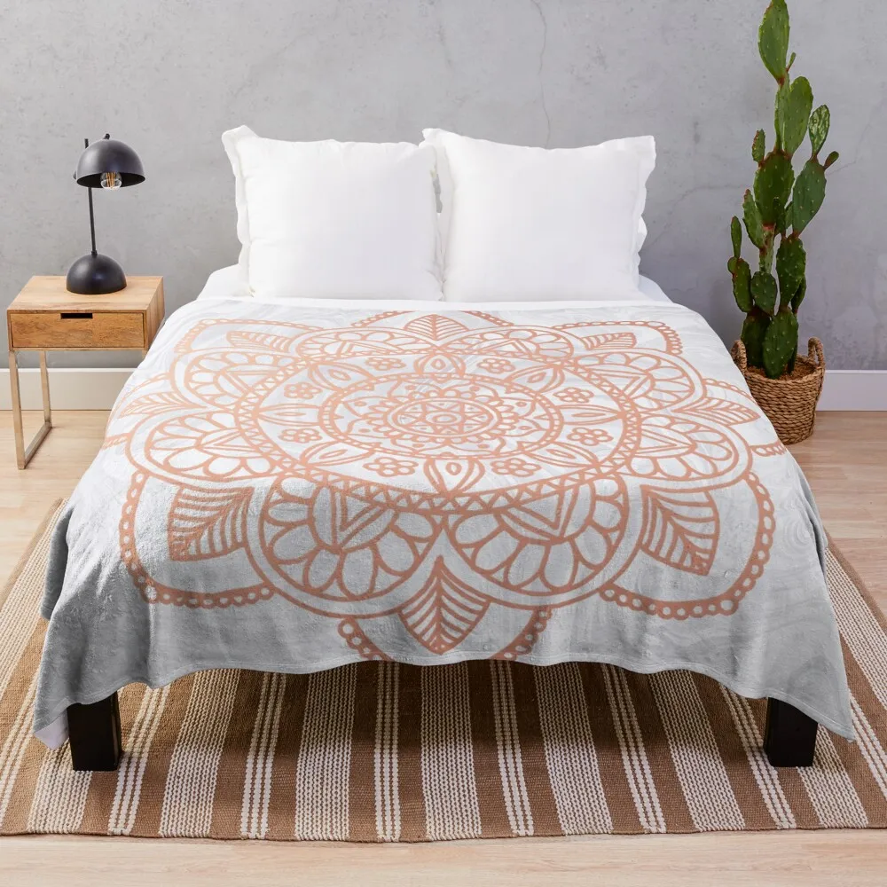 Rose Gold Mandala on White Marble Throw Blanket Thermals For Travel Tourist Plaid For Decorative Sofa Blankets