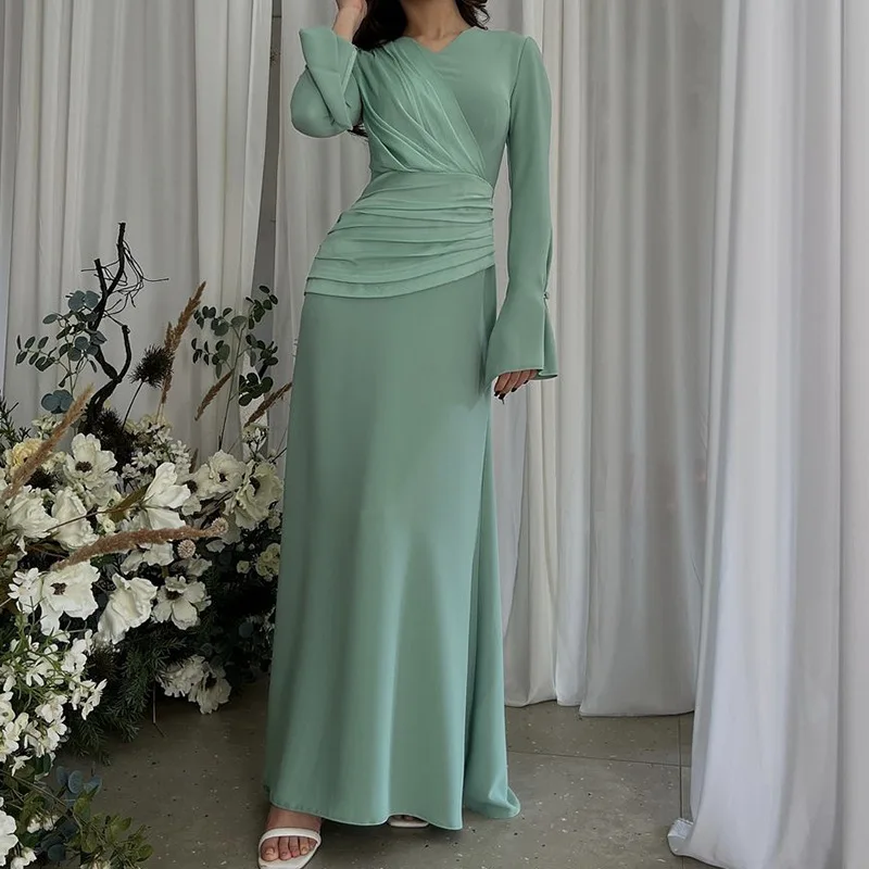 Women Dress Green Slim Bodycon Long Dresses Round Neck Flare Sleeve Casual Pleated Elegant Y2k Splice High Waist Vestidos 2024