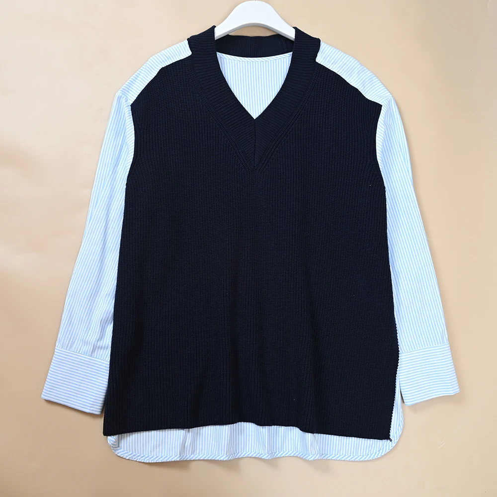 

Осенний новый женский высококачественный топ в стиле ретро в стиле пэчворк, искусственный двухсекционный топ V-Ne Long Sve irt, трикотажная одежда для девочек