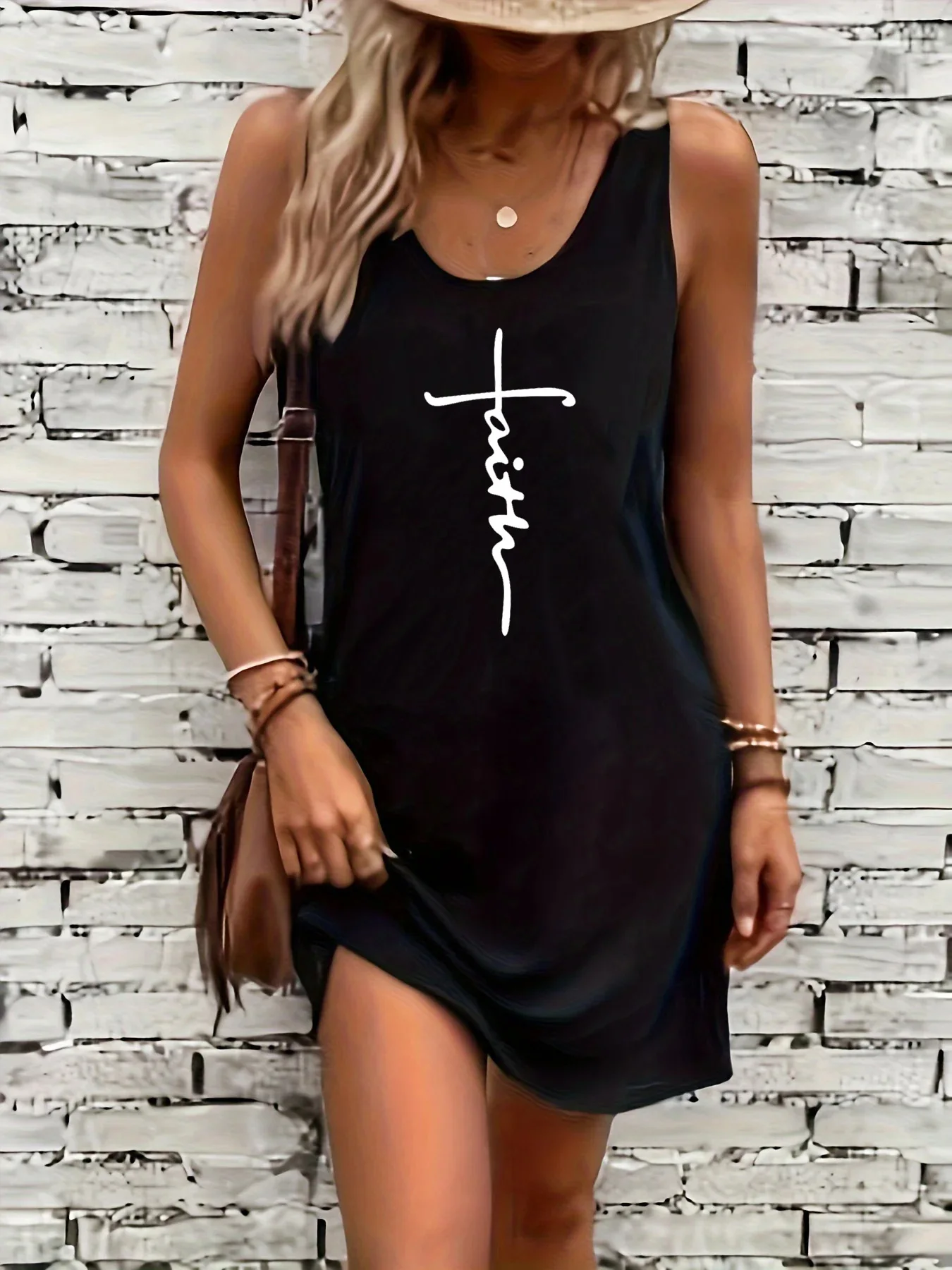 Women's summer loose and comfortable casual cross faith pattern print black sleeveless vest skirt punk style dress