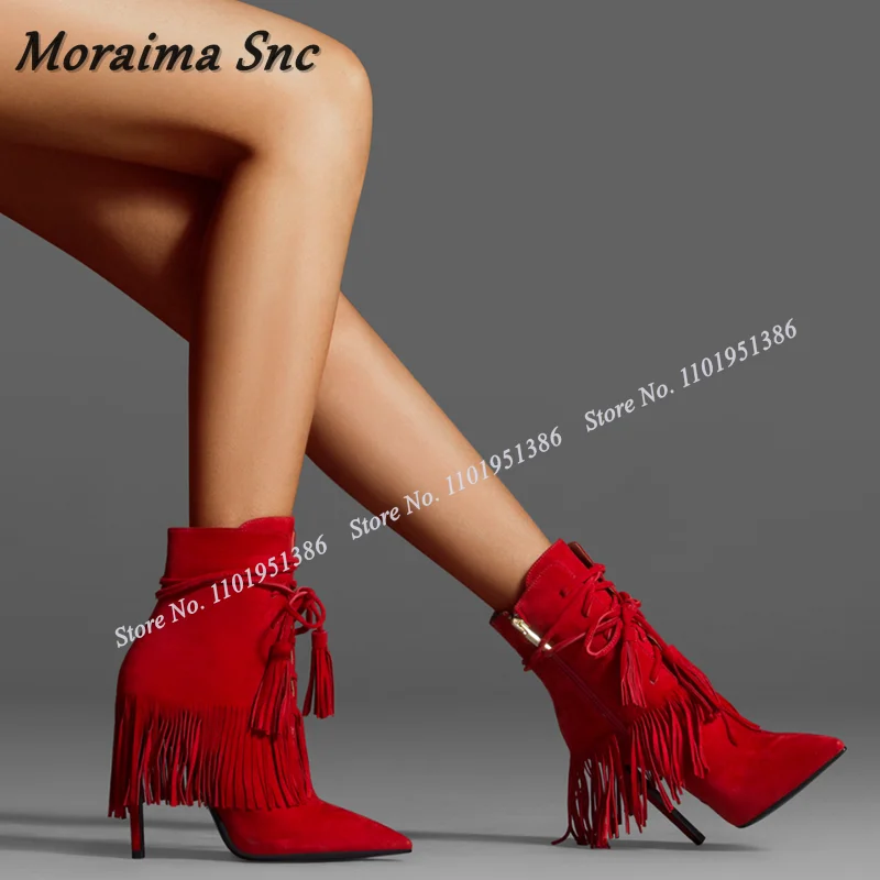 

Moraima Snc Red Lace up Fringe Decor Ankle Boots Cross Tied Pointed Toe Stiletto Shoes for Women High Heels Zapatillas Mujer