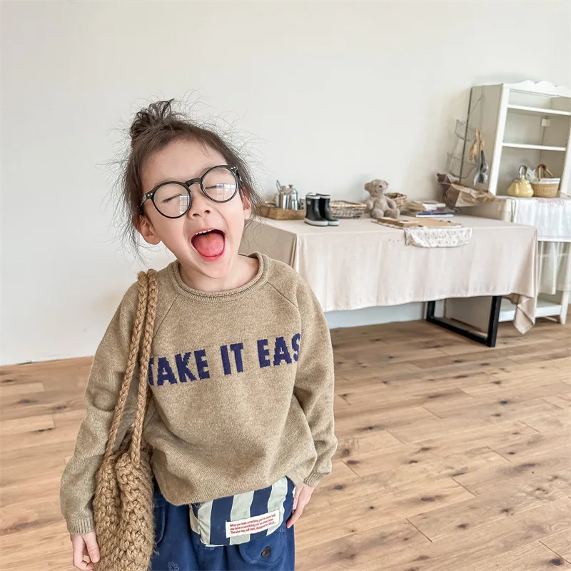 2024 spring Kids letters jacquard sweater Boys Girls soft loose O-Neck knit pullover