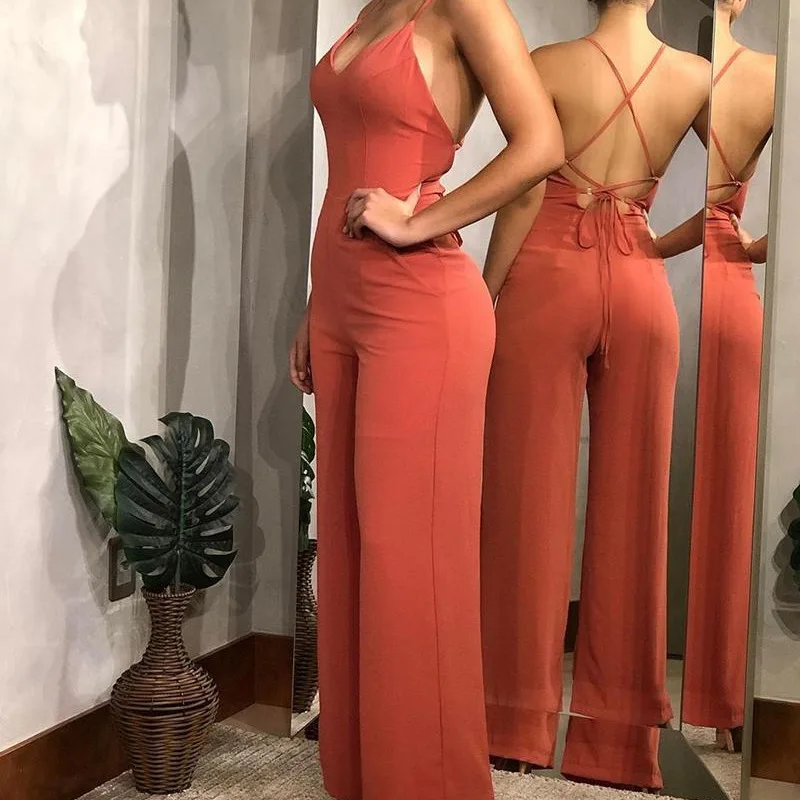 Sexy Jumpsuit Women 2024 Summer Backless Lace Up V-Neck Sleeveless Plain High Waist Daily Long Wide Leg Conjoined Body Pants