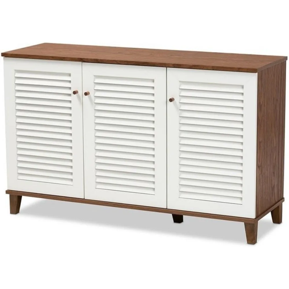 Modern Walnut Finish 8 Shelf Wood Shoe Cabinet White Walnut Brown 28x44x14 Tapered Legs Holds 16 Pairs Contemporary