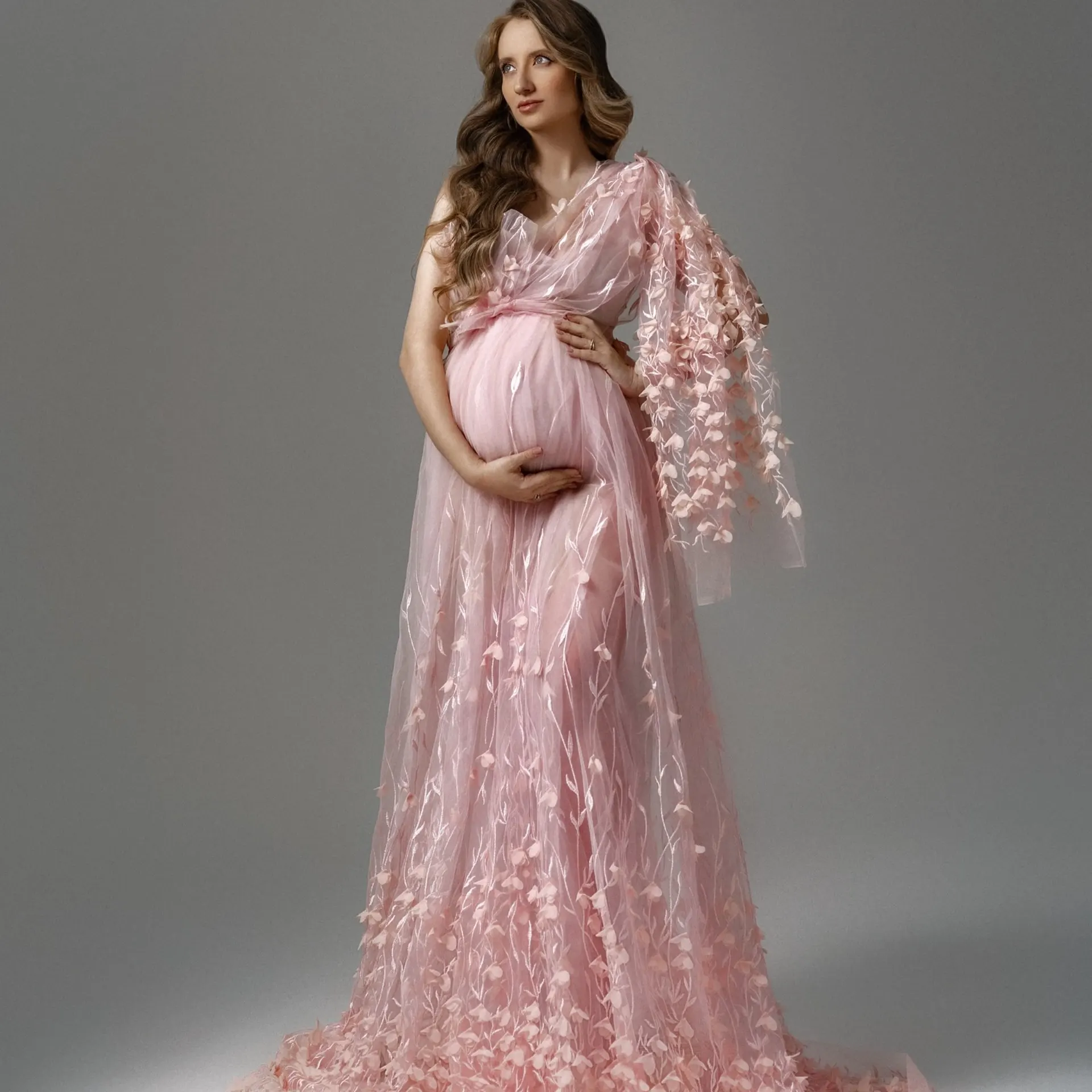 

Blush Pink Maternity Dress with 3D Flower Embroidery, Boho One Shoulder Gown for Pregnancy Photoshoot Baby Shower Maternity Gown