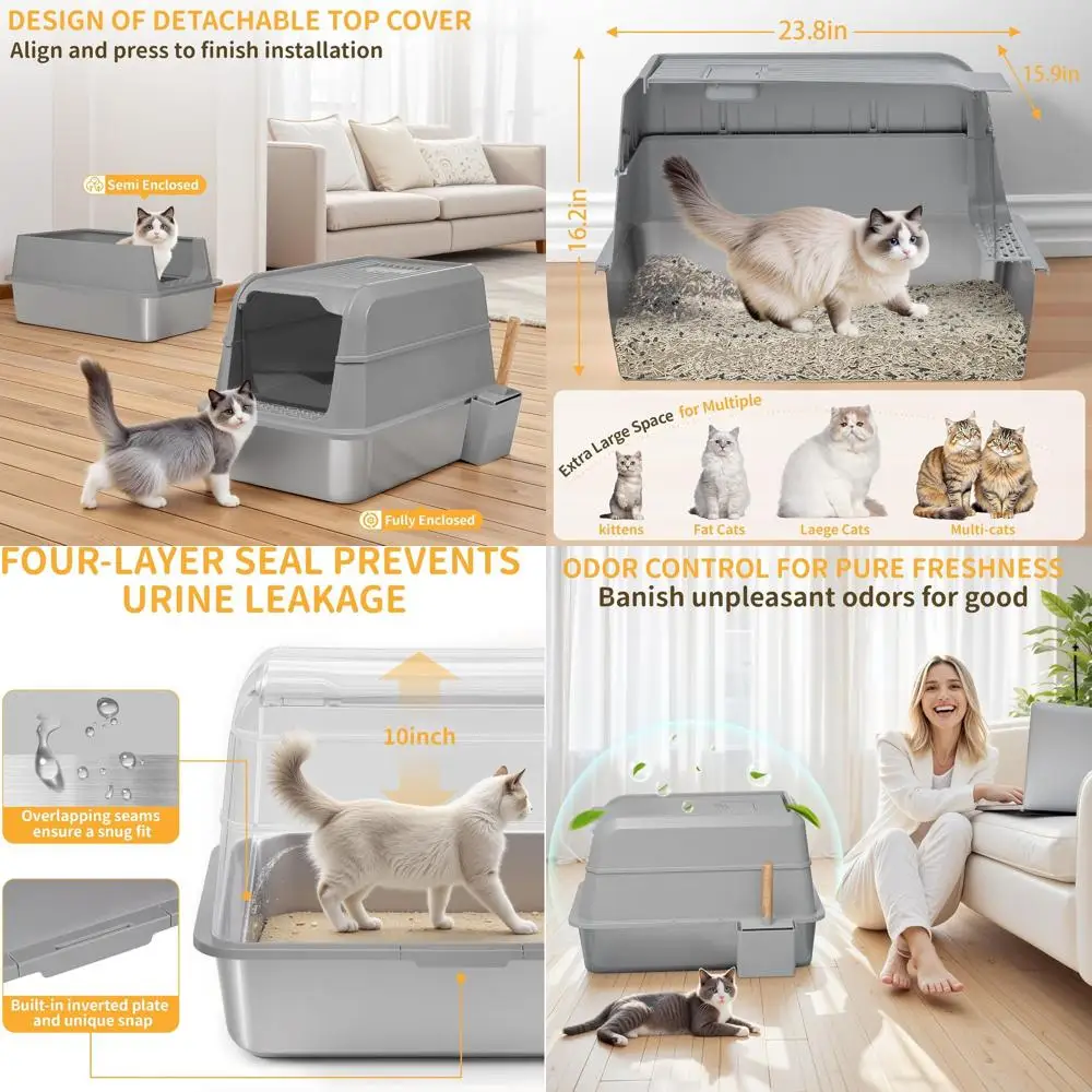 

Extra Large Enclosed Stainless Steel Litter Box with High Sides, Lid, and Scoop for Odor Control and Easy Cleaning (Grey)