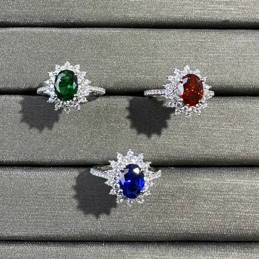 Yaranyan 100% 925 Sterling Silver Oval Cut 6*8MM Sapphire Emerald Ruby Gemstone Fine Ring for Women Wedding Engagement Jewelry