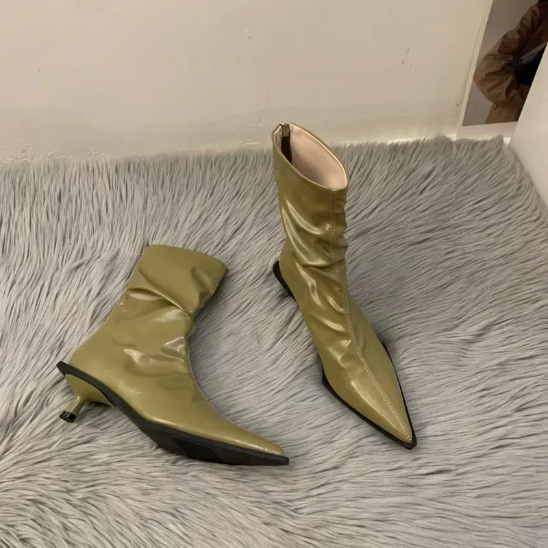 Modne buty damskie ze szpiczastym noskiem botki damskie Botas buty na niskim obcasie 2024 wiosenne jesienne Zapatos Mujer