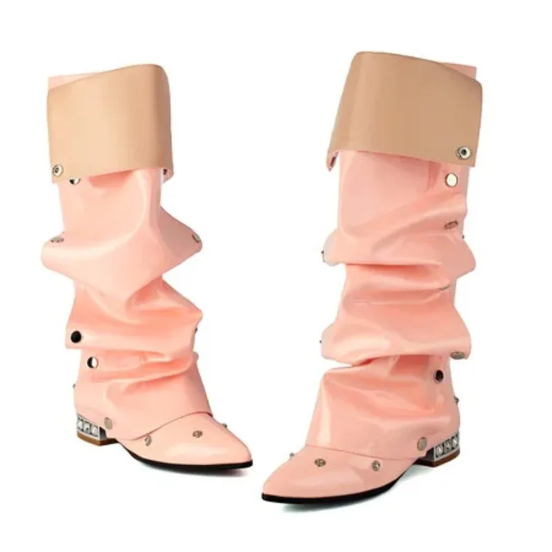 

2025 красные сапоги до колена, женские золотые сапоги с застежкой-молнией и жемчугом, розовые, милые, блестящие, серебристые, зимние женские туфли со стразами