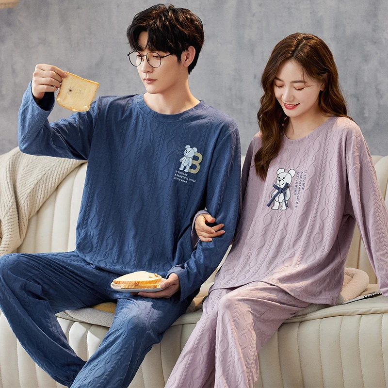 Bear Cartoon Printed Sleepwear for Lovers Women and Men Matching Homewear Spring Autumn Long Pijamas Hombre Pyjamas Couples