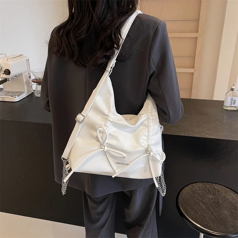 LEFTSIDE Bow Small PU Leather Shoulder Bags for Women 2024 Korean Fashion Females Silver Crossbody Bag Lady Simple Handbags