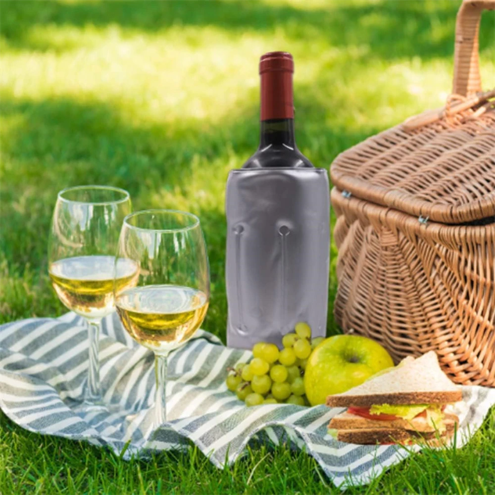 Funda Aislante para Vino con Acabado Plateado, 33cm x 18cm, con Funda y Gel Refrigerante, Enfriador sin Hielo para Champaña, Cerveza, Tequila