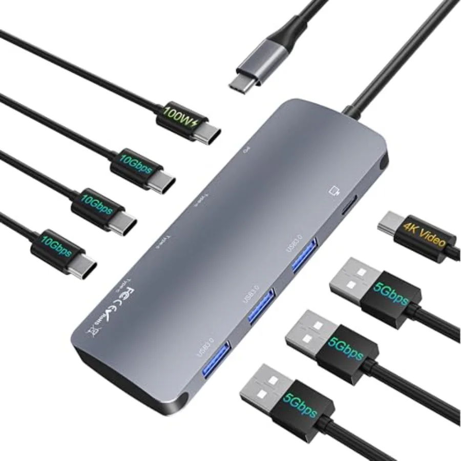 

USB-C хаб 10 Гбит/с с видеовыходом 4K@60Гц, поддержкой Power Delivery 100 Вт, многопортовый адаптер для передачи данных для MacBook Pro/Air, iPad Pro, Mac