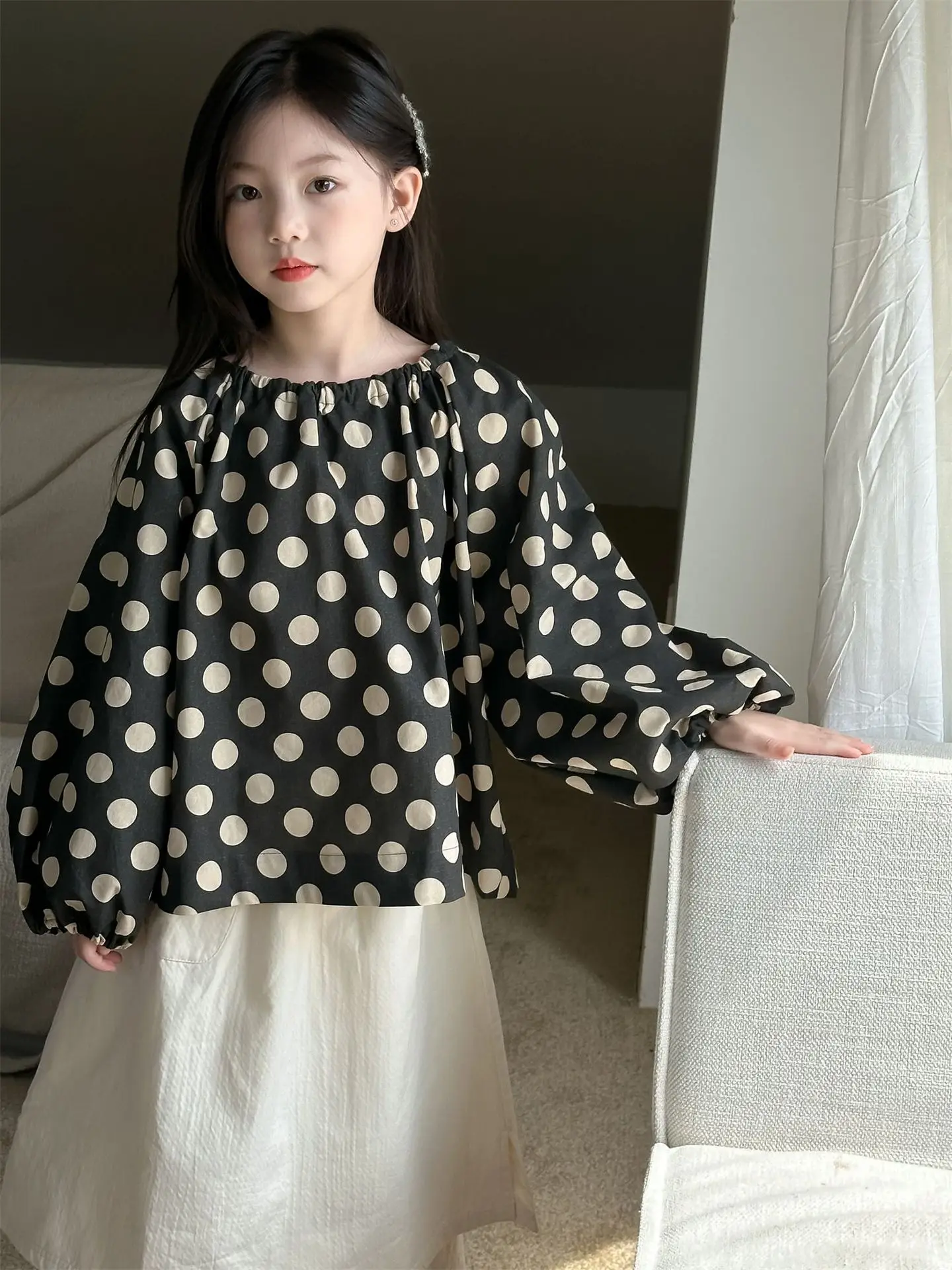 T-Shirts Autumn New Girl Korean Series Wave Point Versatile Children Clothing Causal Tops 2024 Fashion Round Collar Pleated