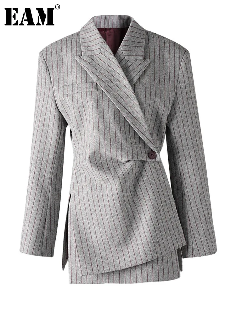 EAM Women Gray Striped Irregular Pleated Elegant Blazer New Lapel Long Sleeve Jacket Fashion Tide Spring Autumn 2024 CPDB342