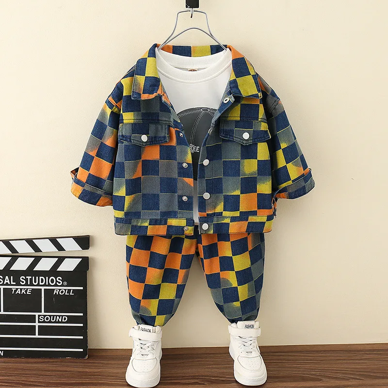 

2-10Years Old Fashion Children Suits Kids Boys Outfits Plaid Denim Coat + Pants 2pcs Suit Boy Casual Pullover Sport Clothes