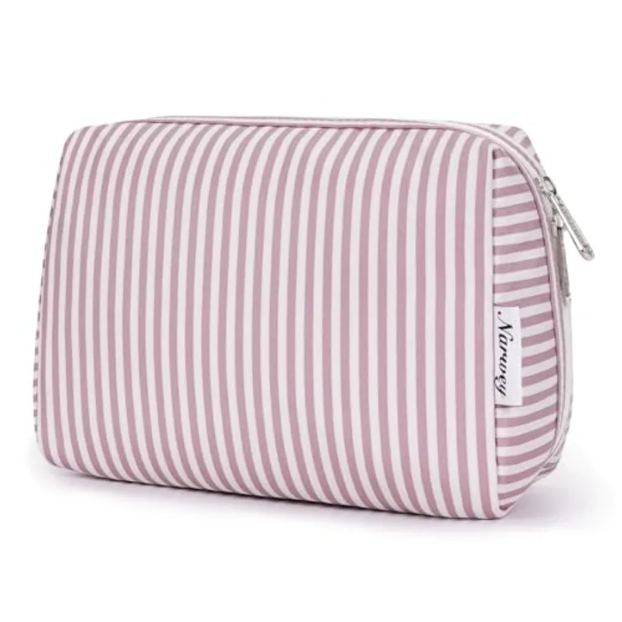 Narwey Bolsa de maquillaje a rayas, bolsa de cosméticos de viaje, organizador de artículos de tocador, bolsas de maquillaje con compartimentos para mujeres y niñas, color rosa empolvado