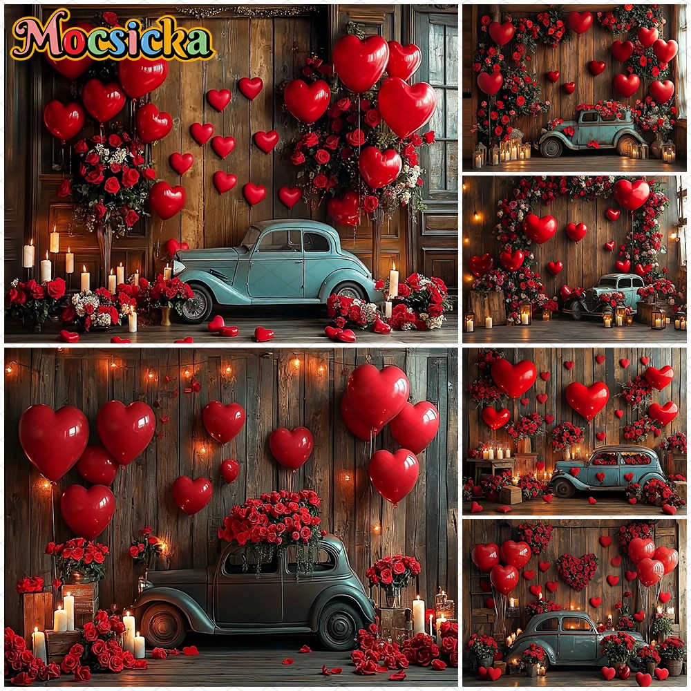 

Mocsicka Valentine's Day Background Red Rose Love Balloon Party Romantic Retro Car Wedding Anniversary Decoration Photo Backdrop