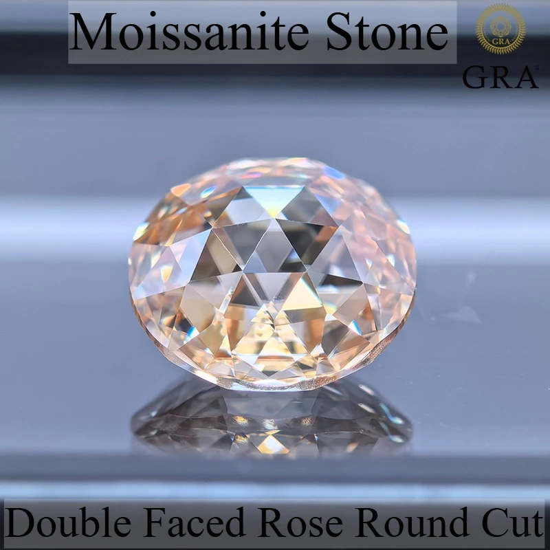 Moissanite Stone Primary Color Champagne Round Shape Double Faced Rose Cut Gemstone Pass Diamond Tester with  Certificate
