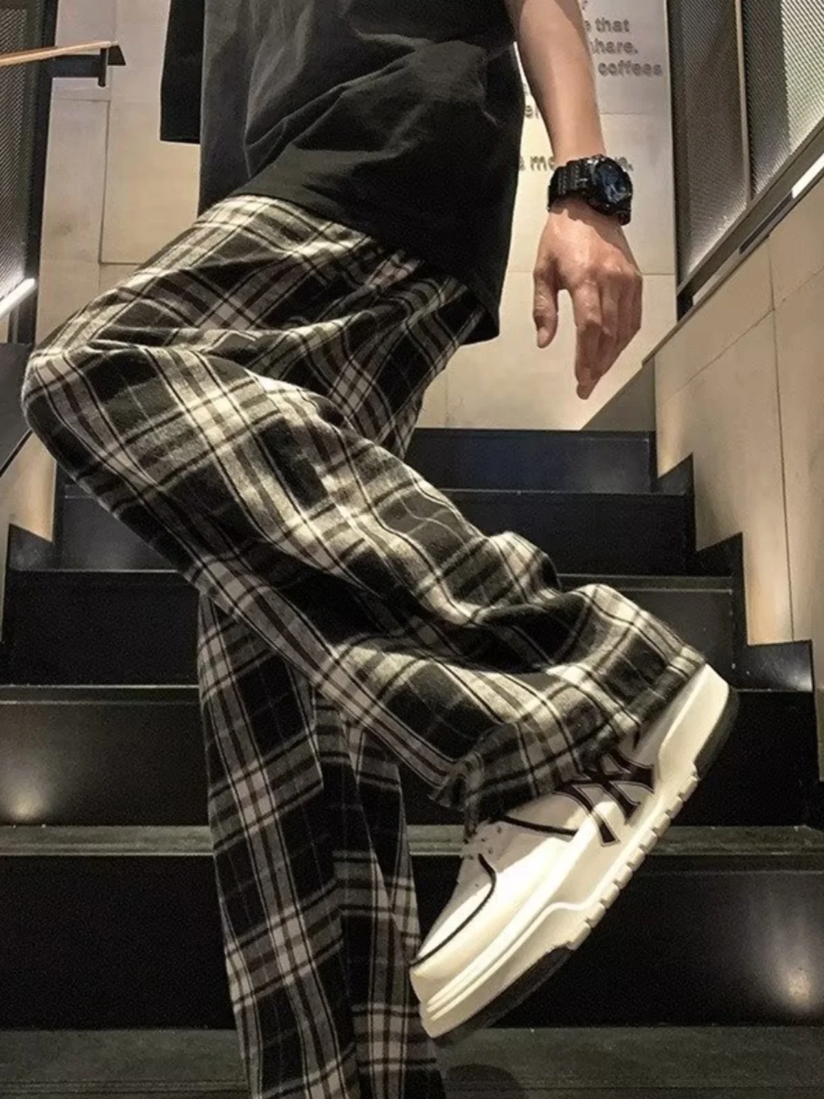 

Men's Plaid Straight Leg Casual Pants Youthful Spring Autumn American Retro Trendy Loose Wide Leg Casual Long Trousers