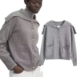 Dave&Di French Fashion Ladies Elegant Knitted Cardigan Sweaters  Pan Neck Grey Peter Simple Single Breasted Knitted Jacket Women