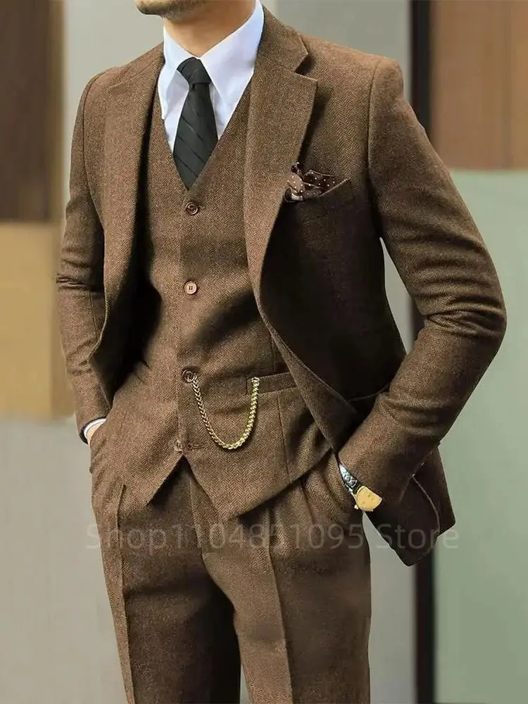 أسود/بني الرجال 3 قطع متعرجة دعوى الأعمال الرسمية تويد العريس سهرة للرجال الزفاف الرجال البدلة سترة سترة فستان أطفال مع سروال داخلي