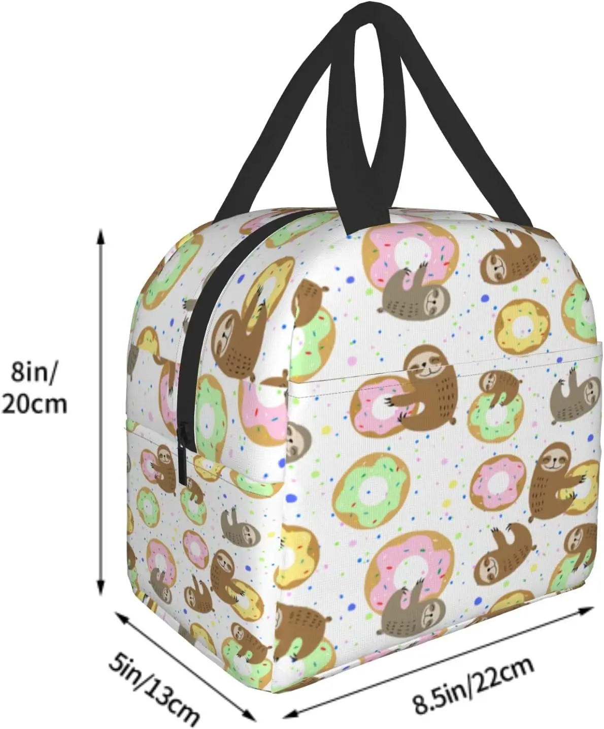 Cute Sweet Donuts Sloth Waterproof Insulated Lunch Bag Fashionable Anime Durable Tote Bag with Pocket and Zipper for Scho