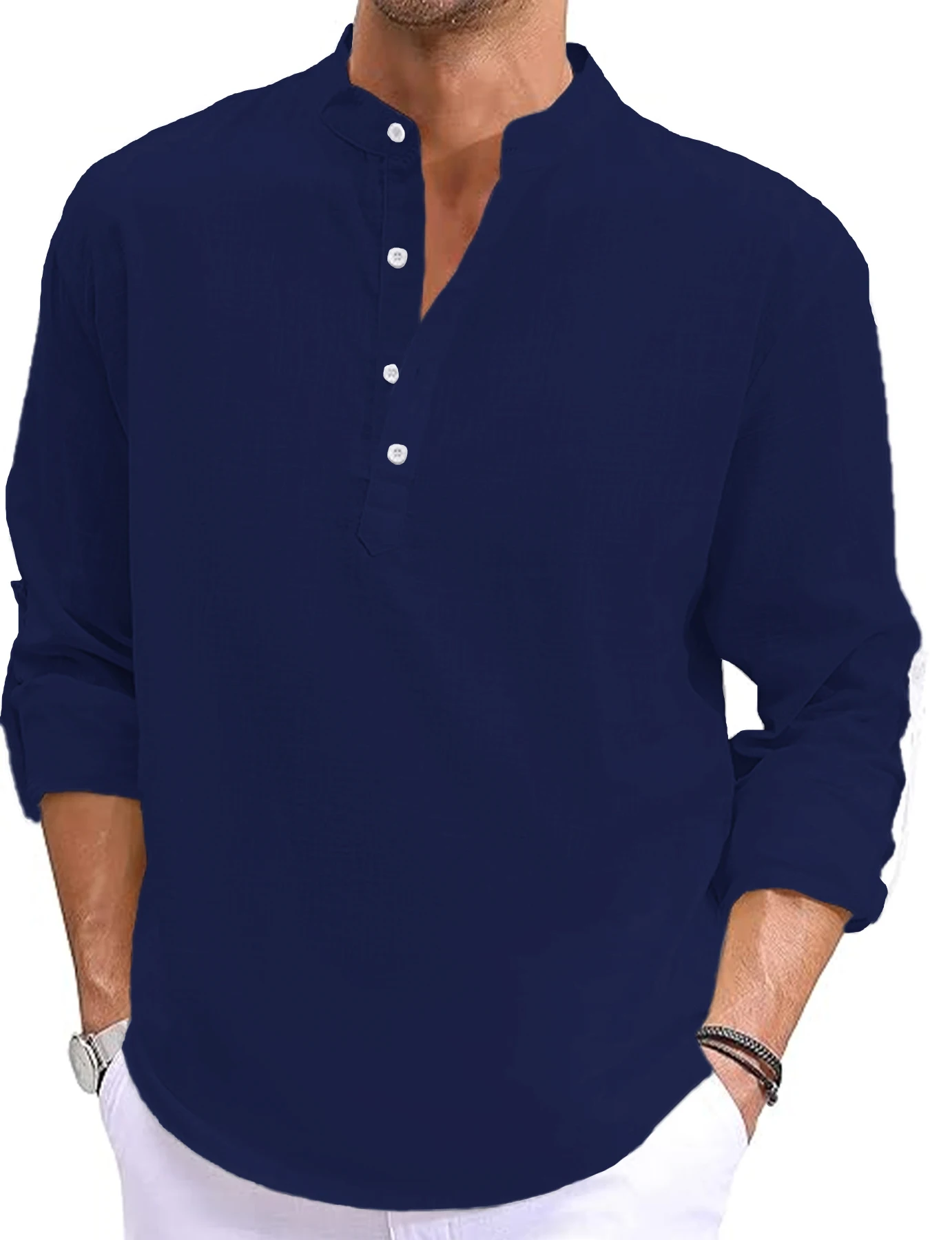 Neue Men Linen Long Sleeve T-Shirt Cotton Solid Color 4
