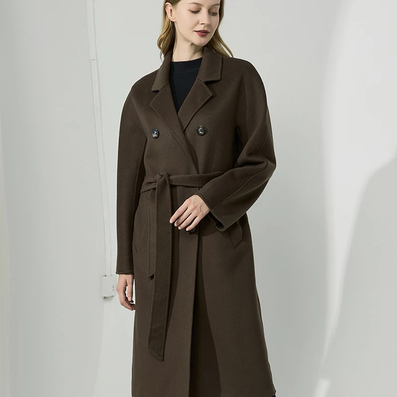 

New double-sided wool coat for women's autumn and winter French light luxury bathrobe style lace up long woolen coat for high-en