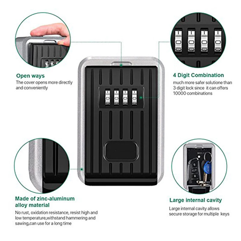 Lock Box 4 Cijferige Combinatie Waterdichte Doos Aluminium Weerbestendige Sleutel Hider Met Resetbare Code Sleutel Opslag Muur Mou