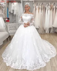 Princess Vestido de Noiva 2024 Luxury Applique Long Sleeves Wedding Dresses Sweep Train Boat Neck Off The Shoulder Bridal Gowns
