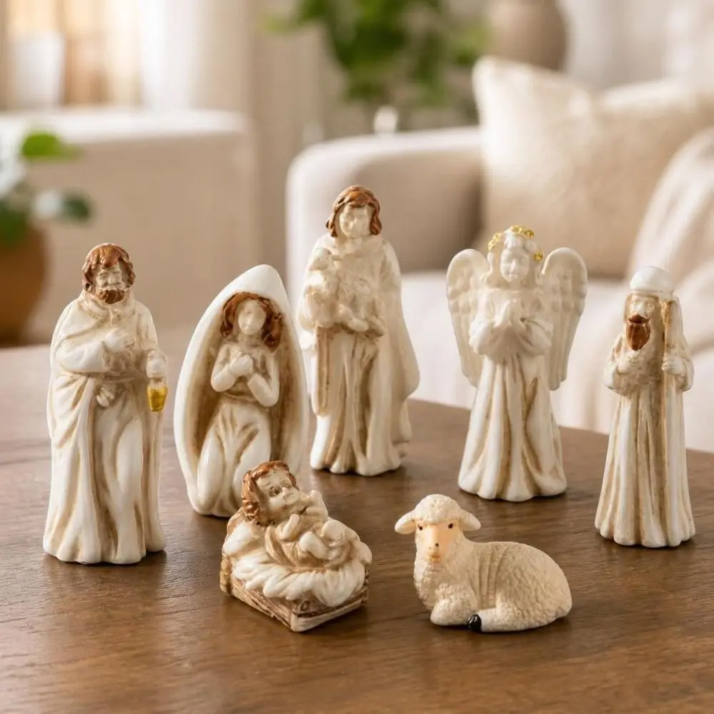 7Pcs Miniature Nativity Scene Figurine Set Vintage Resin Craft Christmas Manger Resin Statues Collectible Desktop Scene