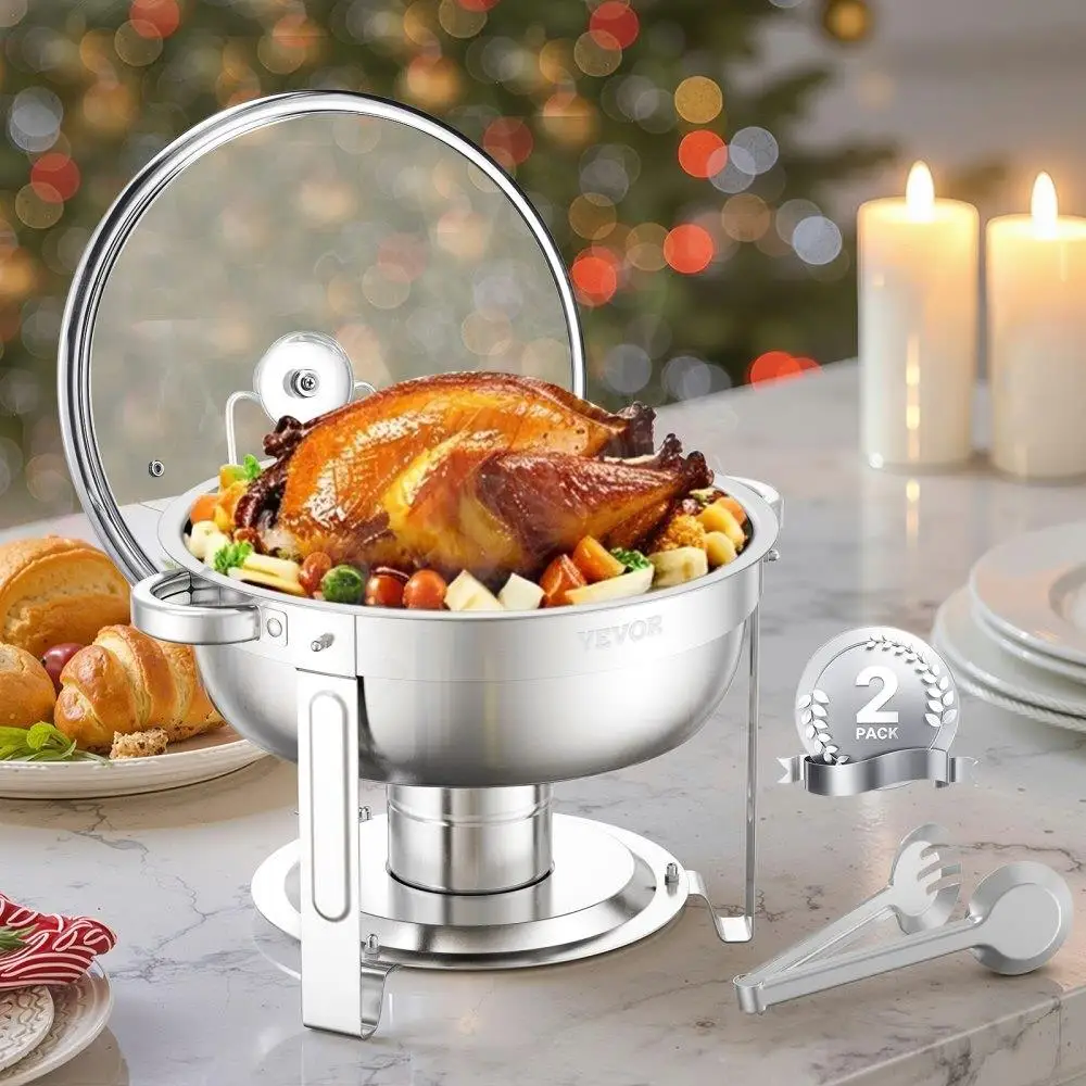 

Round Stainless Steel Chafing Dish Buffet Set 5Qt Full Size Pan Silver 2 Pack Catering Warmer Suitable for Parties Events