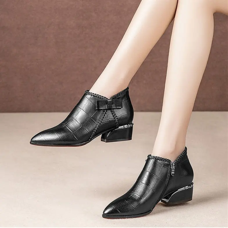 

Pointed Toe Beige Square Heel Women Boots 2025 Fashion Butterfly-knot Ankle Boots Zipper PU Leather Rubber Zapatos Mujer