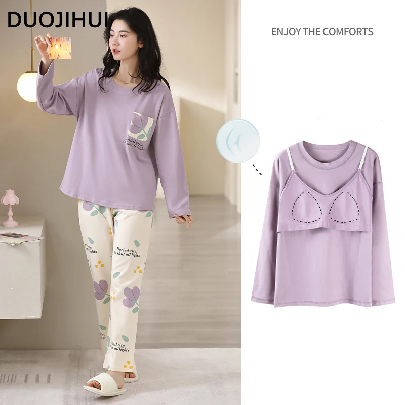 

DUOJIHUI Autumn with Chest Pad Casual Home Pajamas for Women Spell Color O-neck Top Loose Simple Pant Fashion Female Pajamas Set