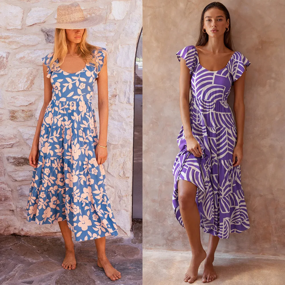 

European And American Women's V-neck Lotus Leaf Sleeve Dress Bohemian Print Long Dress Women