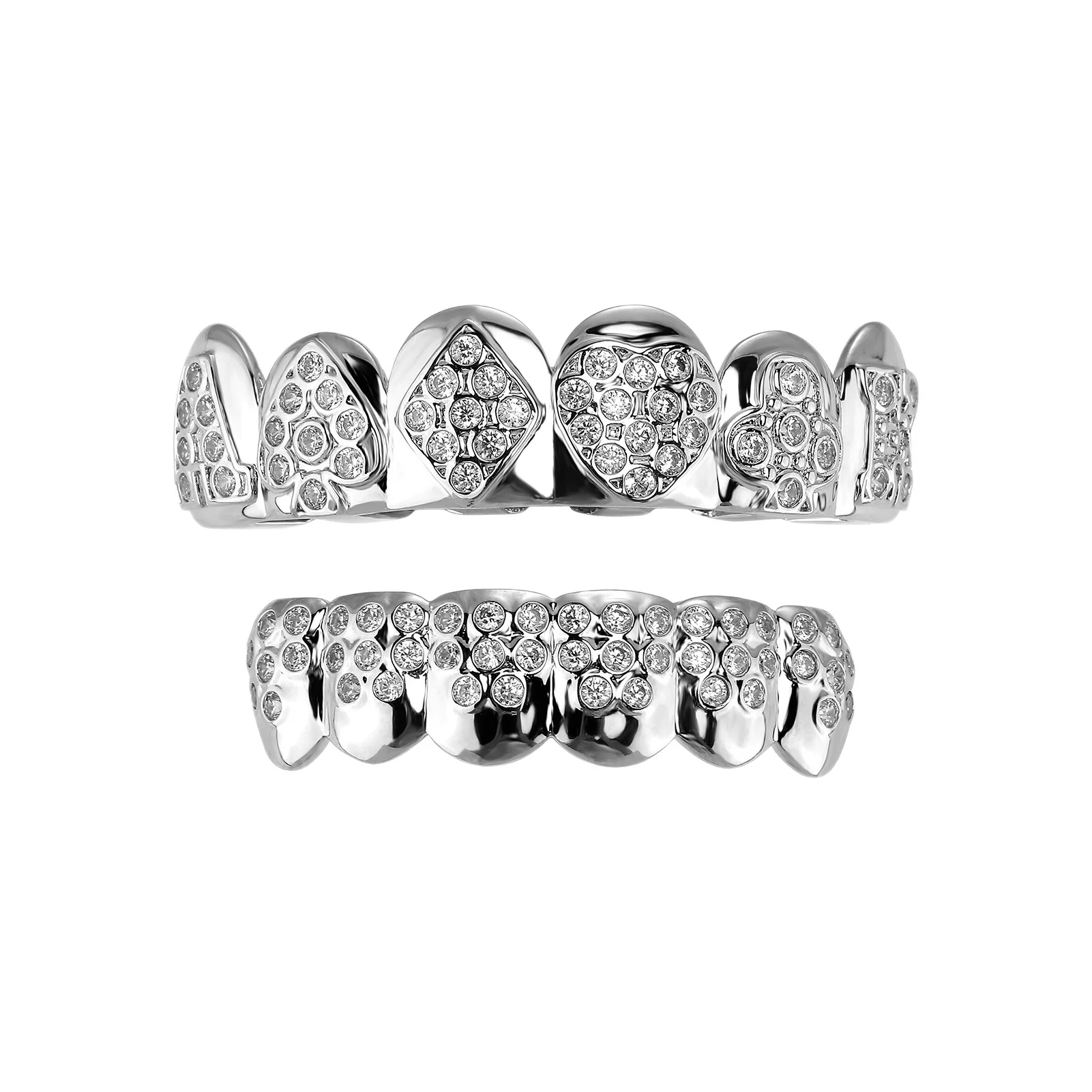 Luxury Grillz Teeth Jewelry Full CZ Iced Out Diamond Shape Tooth Cover Upper Bottom Set Hip Hop Rap Style Mouth Decor