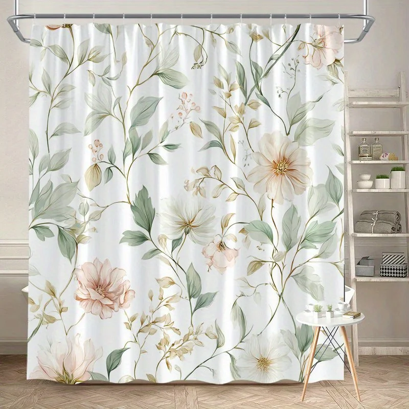 

1 шт. розовая, белая занавеска для душа с цветочным принтом - полиэфирная ткань, можно стирать в машине, с крючком, подходит для украшения ванной комнаты