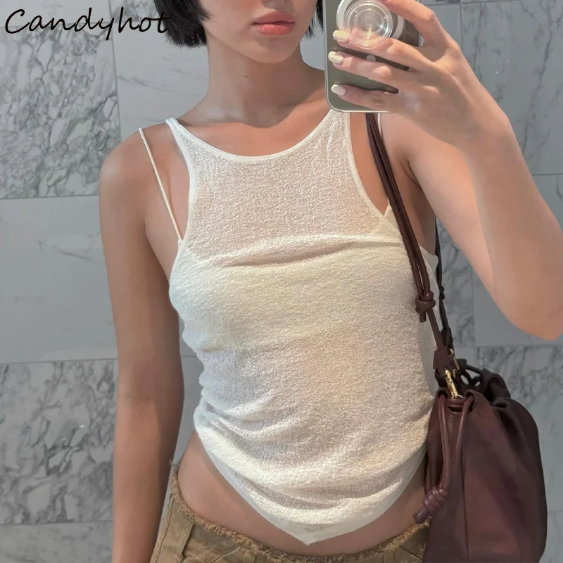 

Candyhot Solid Mesh Perspective Spaghetti Strap Casual Crop Tops Fashion Sexy Sleeveless Slim Vest Party Summer Streetwear Camis
