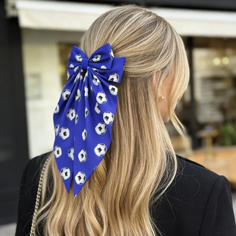

Colorful Football Pattern Bow Hair Clip Elastic Fabric Ribbon Hair Rope Soft Cute Hair Accessories for Sports Events
