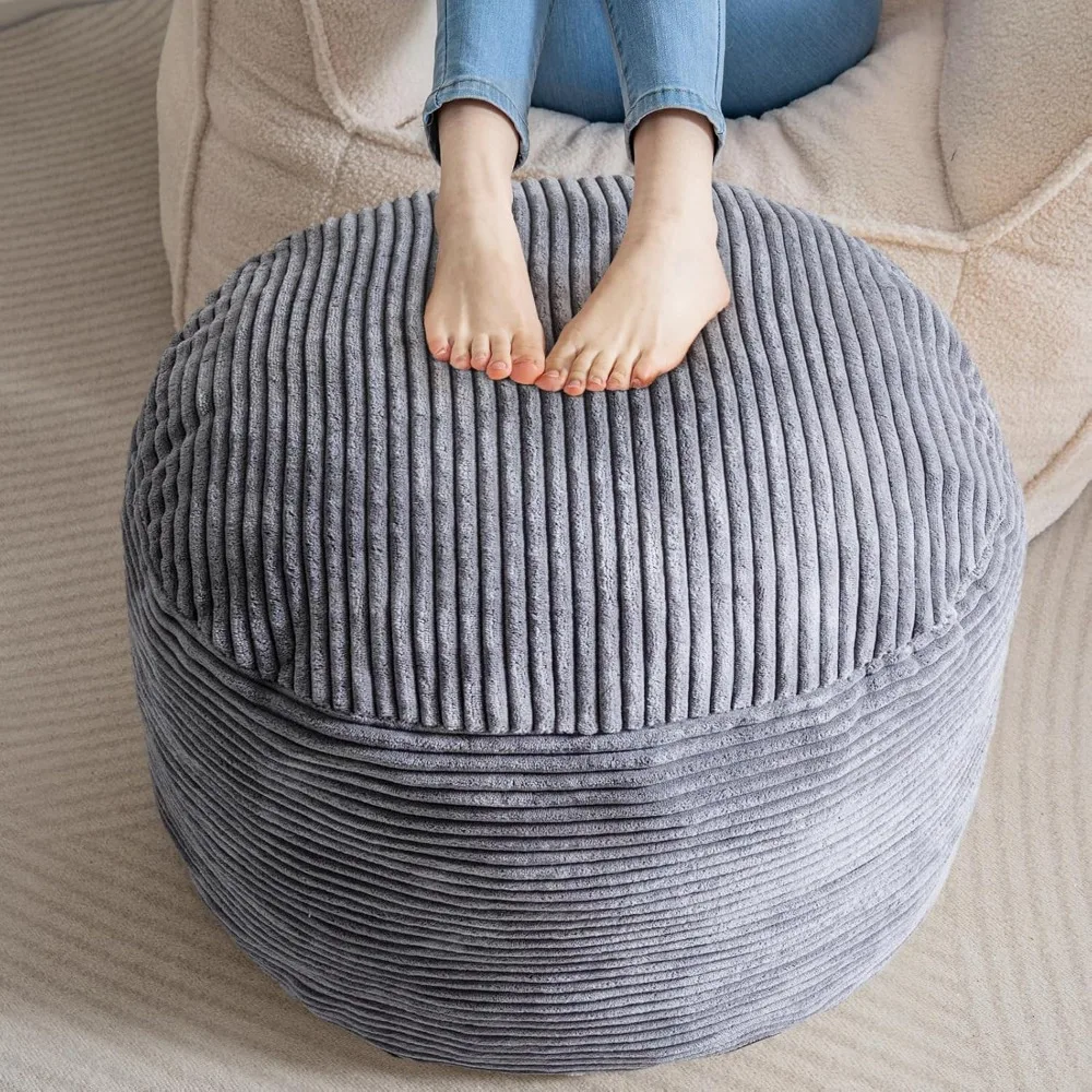 Round Stuffed Pouf , Corduroy Poufs with Foam Chunk Filling, Furry and Fluffy Pouf Foot Stool Storage