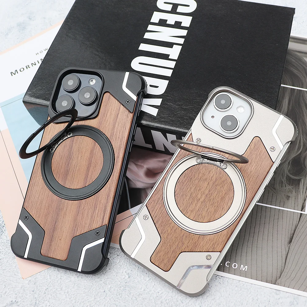 

360°Rotating Ring Stand Magnetic Magsafe Phone Holder Walnut Wood Metal For iPhone 15 14 Pro Max Case framework Protective cover