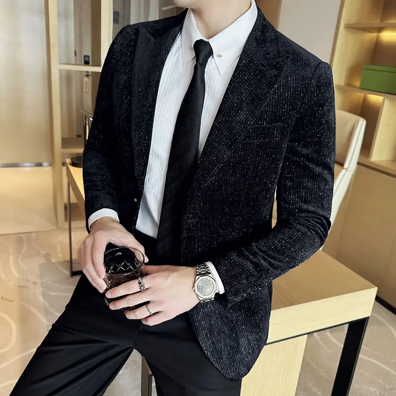 2024 Autumn Winter Velvet Men's Suit Jacket British Style Large Lapel Casual Business Blazers Men Banquet Party Dress Coats