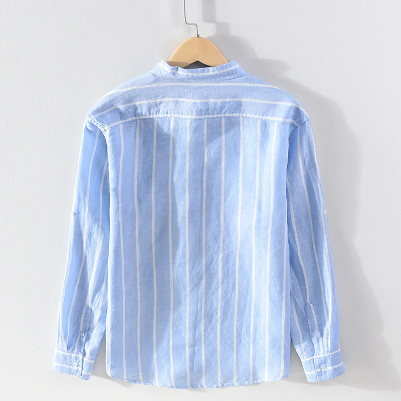 60% Linen Male Shirts Spring Summer Daily Causal Men Long Sleeve Shirts Square Collar Slim Striped Shirt with Pocket Fresh Shirt