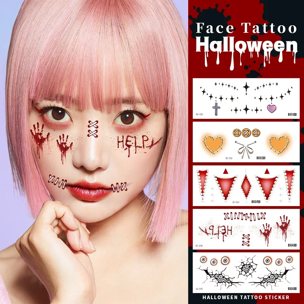 Tatuajes faciales de Halloween, cicatrices de terror, diseño de lazo de amor, tatuajes de maquillaje de ojos, decoración temporal, pegatinas de tatuaje falso para niños y niñas